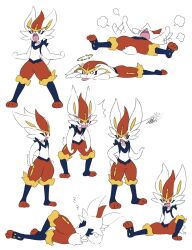 cinderace closed_eyes creatures_(company) furry game_freak gen_8_pokemon highres lying nintendo open_mouth pokemon pokemon_(creature) rabbit_ears rabbit_tail red_eyes sitting smile standing tiger_subaru tongue tongue_out white_background zzz