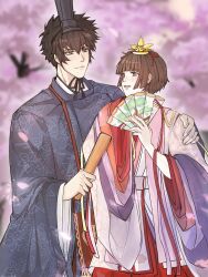 Rule 34 | 1boy, 1girl, absurdres, black hair, black kimono, blue eyes, blurry, blurry background, blush, brown hair, cherry blossoms, closed mouth, commentary request, couple, falling petals, floral print, floral print kimono, folded fan, folding fan, grey eyes, hair between eyes, hand fan, hand on another&#039;s arm, hetero, highres, holding, holding fan, japanese clothes, kimono, korella, kougami shin&#039;ya, light blush, light smile, looking at another, open mouth, petals, print kimono, psycho-pass, short hair, smile, tsunemori akane