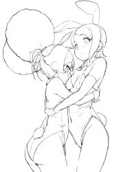 2girls afro_puffs animal_ears ass bare_shoulders blush bow bowtie breasts chuatury_panlunch cleavage closed_mouth elbow_gloves fake_animal_ears gloves greyscale gundam gundam_suisei_no_majo hairband highres leotard monochrome multiple_girls nekono_matatabi nika_nanaura playboy_bunny rabbit_ears rabbit_tail short_hair simple_background small_breasts smile strapless strapless_leotard swept_bangs tail white_background
