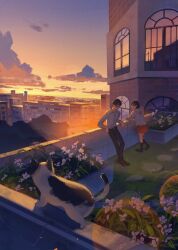 Rule 34 | 1boy, 1girl, amo (amo 0514), arm support, belt, black belt, black hair, black pants, black shoes, black socks, blue sky, building, cat, chinese commentary, city, cloud, collared shirt, commentary request, crossed ankles, dusk, flower, flower bed, glasses, gradient sky, grey shirt, grey sweater, heel up, highres, hood, hood down, hooded sweater, horizon, leaning, long sleeves, looking at animal, looking to the side, on rooftop, open collar, original, outdoors, pants, pleated skirt, red skirt, reflection, rooftop, scenery, shirt, shoes, short hair, skirt, sky, socks, standing, sweater, white flower, yellow sky