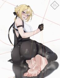 1girl artist_logo ass barefoot between_toes black_gloves black_ribbon blonde_hair blush braid breasts commentary english_commentary evelyn_chevalier eyelashes feet foreshortening from_behind full_body gloves grey_background grey_pants hair_intakes holding large_breasts logo looking_at_viewer looking_back nekoyokai_(felfurblank) open_mouth pants pink_eyes ribbon shirt simple_background sitting sleeveless sleeveless_shirt smell soles solo steaming_body thigh_strap toenails toes white_shirt yokozuwari zenless_zone_zero
