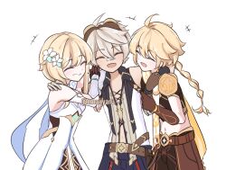 Rule 34 | 1girl, 2boys, aether (genshin impact), bandaid, bandaid on face, bandaid on nose, bennett (genshin impact), blonde hair, braid, braided ponytail, brother and sister, brown shirt, closed eyes, cropped shirt, dress, emaiiyaru, flower, genshin impact, gloves, goggles, goggles on head, grey hair, hair flower, hair ornament, long hair, lumine (genshin impact), multiple boys, navel, scarf, shirt, short hair, siblings, simple background, single braid, sleeveless, sleeveless shirt, white background, white dress, white flower, white scarf