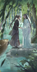 Rule 34 | 2boys, ahoge, black boots, black eyes, black hair, black hanfu, blurry, blurry foreground, boat, boots, chinese clothes, closed mouth, dappled sunlight, day, eye contact, falling leaves, from side, full body, guqin, hair ribbon, hanfu, headband, highres, instrument case, kimako (kimako 8), lake, lan wangji, leaf, long hair, long sleeves, looking at another, male focus, modao zushi, multiple boys, outdoors, pier, plant, ponytail, profile, red ribbon, reflection, reflective water, ribbon, robe, sidelocks, sleeves past wrists, smile, standing, sunlight, topknot, tree, very long hair, water, watercraft, wei wuxian, white boots, white hanfu, white headband, wide sleeves, xiao guan (headdress), yaoi