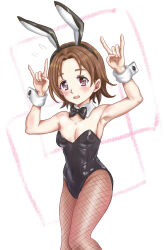 1girl \m/ animal_ear_hairband animal_ears black_bow black_bowtie black_leotard bow bowtie breasts brown_eyes brown_hair brown_pantyhose cowboy_shot detached_collar double_\m/ fake_animal_ears fishnet_pantyhose fishnets flipped_hair girls_und_panzer hairband highres leotard looking_at_viewer medium_breasts pantyhose pele@mix playboy_bunny rabbit_ears sawa_azusa short_hair solo strapless strapless_leotard traditional_media wrist_cuffs