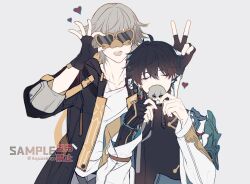 2boys ahoge aqueasirius armor artist_name black_coat black_gloves black_hair black_shirt caelus_(honkai:_star_rail) character_doll chinese_clothes closed_eyes coat collarbone constellation_print covering_own_mouth dan_heng_(honkai:_star_rail) dan_heng_(hunt)_(honkai:_star_rail) doll earrings fingerless_gloves fingernails gloves grey_hair hair_between_eyes hands_up heart heart-shaped_eyewear holding holding_doll honkai:_star_rail honkai_(series) hood hooded_coat implied_yaoi jewelry kiss long_sleeves male_focus multiple_boys open_clothes open_coat open_mouth sample_watermark shirt short_hair shoulder_armor simple_background single_earring single_glove smile standing sunglasses t-shirt teeth trailblazer_(honkai:_star_rail) two-sided_coat two-sided_fabric watermark white_background white_coat white_shirt yellow-framed_eyewear yellow_coat