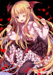 10s 1girl ;d bad_id bad_pixiv_id bat_wings black_background black_pantyhose black_skirt blonde_hair fang female_focus flower granblue_fantasy head_wings highres homarerererere long_hair looking_at_viewer one_eye_closed open_mouth pantyhose petals pointy_ears red_eyes rose shingeki_no_bahamut skirt smile solo vampy wings