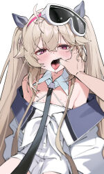 1girl absurdres anchorage_(azur_lane) azur_lane blurry blush commentary_request depth_of_field drooling eyewear_on_head finger_in_another&#039;s_mouth grey_hair hair_between_eyes highres little_anchorage_(azur_lane) long_hair looking_at_viewer mark_jin off-shoulder_jacket off_shoulder open_mouth pov purple_eyes shirt simple_background solo_focus sweat tongue tongue_out twintails white_background white_shirt