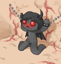 1boy arms_up azazel_(the_binding_of_isaac) black_horns black_skin black_wings blush bound bound_testicles bound_wrists bracelet chain colored_skin completely_nude demon_boy demon_horns demon_wings flesh_wall full_body horns jewelry male_focus nude open_mouth penis red_eyes shota sitting solo spiked_bracelet spikes sweat testicles the_binding_of_isaac tosx veins wariza wings