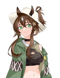 Rule 34 | 1girl, absurdres, animal ears, arknights, black choker, breasts, brown hair, choker, cleavage, closed mouth, commentary, crop top, crossed bangs, dio ren bi li, ears through headwear, emoji, green eyes, green jacket, hair between eyes, hair ornament, hat, highres, jacket, light smile, long hair, looking at viewer, medium breasts, meteor (arknights), meteor (bard&#039;s holiday) (arknights), midriff, mole, mole under eye, navel, official alternate costume, open clothes, open jacket, sidelocks, simple background, solo, star (symbol), star hair ornament, symbol-only commentary, upper body, white background, white hat