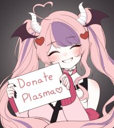 1girl ahoge bare_shoulders black_nails blush choker closed_eyes commentary english_commentary fingernails grin heart heart_ahoge heart_choker heart_o-ring highres holding holding_sign indie_virtual_youtuber ironmouse long_hair long_sleeves multicolored_hair nail_polish o-ring o-ring_choker pink_choker pink_hair purple_hair sign sky_above_me smile solo twintails two-tone_hair virtual_youtuber