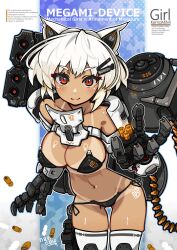 1girl animal_ears bikini black_bikini breasts cover_image cyborg english_text hair_ornament hairclip highres large_breasts leaning_forward looking_at_viewer mechanical_hands megami_device nancou_(nankou) navel orange_eyes short_hair solo swimsuit tan tanline thighhighs white_hair white_thighhighs