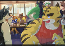 6+boys absurdres ahoge angry animal_ears aru_(aru7g) bear_boy bear_ears black_shirt black_tank_top blue_jacket blue_shirt blush cat_boy cat_ears closed_eyes commentary_request completely_nude convenient_censoring covering_another&#039;s_eyes dog_boy dog_ears dragon_boy dragon_horns fangs food furry furry_male glasses highres horns jacket juuichi_mikazuki kounosuke_kuri kouya_aotsuki kyouji_takahara lion_boy lion_ears looking_at_another male_focus morenatsu multiple_boys nanafuse_(morenatsu) nude open_mouth raccoon_boy raccoon_ears red_shirt red_tank_top shin_kuroi shirt shun_kodori sitting sleeveless sleeveless_shirt smile soutarou_touno standing surprised sweatdrop table tank_top tatsuki_midoriya tiger_boy tiger_ears torahiko_oshima white_shirt wolf_boy wolf_ears yellow_shirt