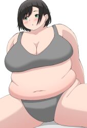 1girl arms_behind_back belly black_hair blush bra breasts cleavage fat fat_rolls fat_woman green_eyes grey_bra grey_panties highres large_breasts naasan84181 navel open_mouth original panties short_hair sitting solo sports_bra spread_legs thick_thighs thighs underwear white_background