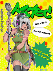 1girl arm_tattoo asatsuki_(cookie) assha_(schector) aztec belt black_eyes black_thighhighs breasts brown_belt commentary_request cookie_(touhou) cowboy_shot dark-skinned_female dark_skin dated dress english_text engrish_text facial_tattoo green_dress green_hairband grey_hair hairband headphones highres holding holding_microphone konpaku_youmu looking_afar looking_to_the_side medium_breasts microphone olmec_head open_mouth ranguage short_hair shoulder_tattoo sleeveless sleeveless_dress solo tan tattoo thighhighs touhou tribal_tattoo yellow_background