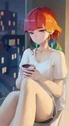 Rule 34 | 1girl, absurdres, aqwariate, black shorts, closed mouth, cup, dolphin shorts, drink, earrings, feather earrings, feathers, gradient hair, green hair, highres, holding, holding cup, hololive, hololive english, jewelry, knees up, looking at viewer, multicolored hair, orange hair, purple eyes, shirt, shorts, solo, t-shirt, takanashi kiara, virtual youtuber, white shirt, window