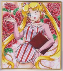 1girl apron bishoujo_senshi_sailor_moon blue_eyes blush chikoto dress flower hand_on_own_hip heart_apron highres long_hair long_sleeves menu_board one_eye_closed rose short_dress tsukino_usagi twintails very_long_hair waitress wink