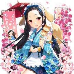 1girl :d alternate_costume animal animal_ears animal_on_shoulder apron bamboo bare_shoulders black_hair blue_dress blue_kimono blue_skirt blush bow branch breasts broom brown_eyes brown_hair cat cherry_blossoms chinese_zodiac clarice_lapis clothed_animal cowboy_shot dango detached_sleeves dog dog_ears dress egasumi floral_print flower food forehead frilled_apron frilled_hairband frilled_skirt frills hair_bow hair_ornament hairband headdress holding holding_umbrella japanese_clothes kimono lace lolita_fashion long_hair long_sleeves looking_at_viewer maid maid_apron maid_headdress miniskirt non-web_source oil-paper_umbrella open_mouth parasol parted_bangs petals pink_eyes pink_flower pink_rose pleated_skirt ponytail print_kimono rabbit red_eyes red_flower red_umbrella ribbon_trim rose salt_(salty) sanshoku_dango short_kimono sidelocks skirt sleeveless sleeveless_kimono smile solo standing tail teeth thighhighs tree uchi_no_hime-sama_ga_ichiban_kawaii umbrella upper_teeth_only very_long_hair wa_lolita wa_maid wagashi waist_apron white_apron white_background wide_sleeves yagasuri year_of_the_dog