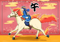 Rule 34 | blue eyes, blue hair, blush, boots, chinese zodiac, deel (clothing), flower print, gen 1 pokemon, gouguru, headband, lara laramie, mongolian clothes, new year, nintendo, pants, pokemon, pokemon (anime), ponytail, rapidash, reins, riding, riding pokemon, running