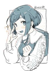 1girl :d backpack bag blue_eyes blue_hair blue_theme collared_shirt commentary_request frilled_shirt frills fukurai_azami hands_up long_sleeves looking_at_viewer matsushiro_(yutakatanbo) monochrome open_mouth partially_colored shirt short_hair simple_background smile solo sparkle toshi_densetsu_kaitai_center twitter_username upper_body white_background