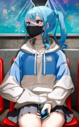 Rule 34 | 1girl, asymmetrical sidelocks, black mask, black skirt, blue eyes, blue hair, blue jacket, blue nails, commentary request, double-parted bangs, earphones, earrings, hair between eyes, hand in pocket, highres, holding, hololive, hood, hooded jacket, hoshimachi suisei, hoshimachi suisei (10th costume), jacket, jewelry, kito koruta, mask, medium hair, miniskirt, mouth mask, multicolored jacket, music player, nail polish, official alternate costume, official alternate hairstyle, ponytail, sitting, skirt, solo, star (symbol), star earrings, star in eye, symbol in eye, two-tone jacket, virtual youtuber, white jacket