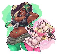 2girls breasts cleavage crown dark-skinned_female dark_skin female_focus highres holding holding_microphone large_breasts looking_at_viewer marina_(splatoon) microphone multiple_girls navel nintendo pearl_(splatoon) shiny_skin sketchytodd splatoon_(series) splatoon_2 standing thick_thighs thighs white_background wide_hips