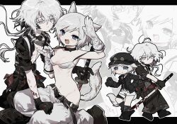 Rule 34 | 1boy, 1girl, animal ears, belt, blood, blue eyes, blush stickers, bra, breasts, cleavage, gloves, hat, highres, jihecchi, open mouth, original, pants, slit pupils, smile, sword, underwear, weapon, white hair