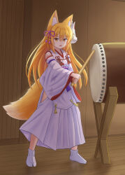 1girl absurdres animal_ear_fluff animal_ears bare_shoulders blonde_hair brown_eyes commentary_request detached_sleeves fox_ears fox_girl fox_mask fox_tail hair_between_eyes hakama hakama_skirt highres holding indoors iroha_(iroha_matsurika) japanese_clothes kimono kohaku_(iroha_(iroha_matsurika)) long_hair long_sleeves looking_at_viewer mask mask_on_head no_shoes nontraditional_miko open_mouth original skirt sleeveless sleeveless_kimono socks solo standing tabi tail very_long_hair white_hakama white_kimono white_sleeves white_socks wide_sleeves wooden_floor