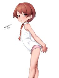 Rule 34 | 1girl, absurdres, aged down, braid, collared shirt, dated, dress shirt, feet out of frame, flat chest, highres, kantai collection, leaning forward, looking at viewer, maru (marg0613), nevada (kancolle), one-hour drawing challenge, panties, pink panties, red eyes, red hair, shirt, single braid, sleeveless, sleeveless shirt, solo, twitter username, underwear, white shirt