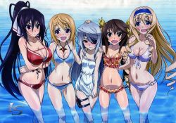 10s 5girls absurdres bikini black_hair blonde_hair blue_eyes blush breasts brown_hair cecilia_alcott charlotte_dunois cleavage drill_hair eyepatch front-tie_top frown green_eyes highres holster huang_lingyin huge_filesize infinite_stratos jewelry large_breasts laura_bodewig long_hair long_legs looking_at_viewer medium_breasts multiple_girls navel o-ring o-ring_bottom ocean official_art open_mouth pendant ponytail purple_eyes red_eyes scan shinonono_houki shiny_skin silver_hair small_breasts smile swimsuit thigh_gap thigh_holster twintails very_long_hair wading water