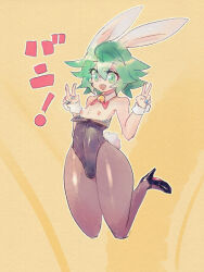 1boy androgynous animal_ears bell black_high_heels blue_nails bulge crossdressing detached_collar fake_animal_ears fake_tail green_eyes green_hair happy high_heels highres jumping leotard male_focus male_playboy_bunny neck_bell nipples original playboy_bunny rabbit_boy rabbit_ears rabbit_tail tail tbkeesuu tears trap v wristband yellow_background