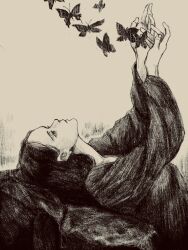 Rule 34 | 1girl, animal, arms up, black hair, bug, butterfly, greyscale, highres, insect, long hair, long sleeves, looking up, lying, monochrome, on back, original, solo, tp p pt