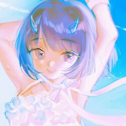 1girl armpits arms_behind_head arms_up blue_eyes blue_hair blue_horns closed_mouth demon_horns eyelashes hair_ornament highres horns medium_hair original portrait ribbon rumoon smile solo straight_hair strapless sweat white_ribbon