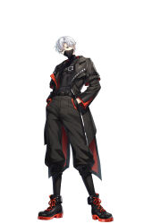 Rule 34 | 1boy, belt, black coat, black pants, black shirt, black shoes, closers, coat, covered pectorals, full body, grey eyes, hand in pocket, highres, j (closers), looking to the side, male focus, mask, mouth mask, official art, open clothes, open coat, pants, pectorals, shirt, shoes, short hair, simple background, solo, standing, white background, white hair