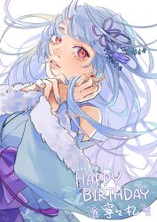 Rule 34 | 1girl, absurdres, bare shoulders, blue hair, blue nails, busou kanojo, dated, detached sleeves, dutch angle, flower knot, fur-trimmed sleeves, fur trim, hair ornament, happy birthday, highres, horns, japanese clothes, kimono, long hair, looking at viewer, nenemaru (busou kanojo), obi, parted lips, purple sash, red eyes, sash, simple background, single horn, sleeveless, sleeveless kimono, slit pupils, upper body, virtual youtuber, white background, wide sleeves, zoramaruta