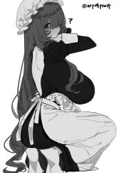 1girl :o ? apron backless_outfit blunt_bangs blush breasts commentary curly_hair dress eurasia_(wtp09ptw14) flipped_sidelocks francoise_(eurasia) frilled_apron frilled_headwear frills full_body greyscale hair_over_breasts hair_over_one_eye hat highres huge_breasts long_hair long_sleeves looking_back maid_apron mob_cap monochrome no_bra original parted_bangs parted_lips simple_background solo squatting tiptoes twitter_username very_long_hair white_background