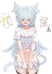 Rule 34 | !?, 1girl, absurdres, animal ears, arknights, blush, breasts, cat ears, cat girl, cat tail, commentary request, dotted line, green eyes, grey hair, groin, hair between eyes, highres, long hair, navel, nose blush, open mouth, pussy, pussy peek, rh huinai, rosmontis (arknights), scissors, shirt, short sleeves, simple background, small breasts, solo, spoken interrobang, tail, torn clothes, torn shirt, twitter cutting game, very long hair, wavy mouth, white background