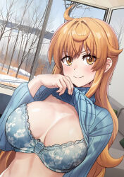 1girl ahoge alternate_costume bare_tree blue_sweater blush bra breasts casual cleavage closed_mouth clothes_lift day els_(ljhlee12) grey_bra highres indoors large_breasts lifting_own_clothes long_hair looking_at_viewer nami_(one_piece) one_piece orange_eyes orange_hair smile solo sweater sweater_lift tree turtleneck turtleneck_sweater underwear upper_body window winter