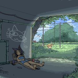 1girl 2boys against_wall animal_ears barefoot black_cat blue_dress blue_sky bug_hunting butterfly_net can cat cat_ears cat_girl cat_tail chain-link_fence child closed_eyes closed_mouth day dress drink_can fence graffiti grass hand_net hand_on_own_stomach holding holding_butterfly_net holding_net ike_(altitude_attitude) industrial_pipe kurona_(neko_musume_michikusa_nikki) lowres lying multiple_boys neko_musume_michikusa_nikki oekaki on_back radio shade short_dress sky sleeping soda_can strapless strapless_dress striped_clothes striped_dress summer tail tree under_bridge wide_shot