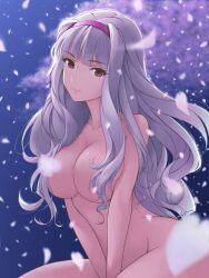 1girl blurry breasts cherry_blossoms collarbone commentary_request convenient_censoring depth_of_field grey_hair hair_censor hairband highres idolmaster idolmaster_(classic) large_breasts long_hair looking_at_viewer night nude petals red_eyes revision shijou_takane sitting smile solo tsukiyo_umi v_arms