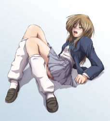 Rule 34 | 1girl, blazer, blush, brown eyes, brown hair, extra, faith (sbi), female focus, jacket, k-on!, legs, long hair, loose socks, open mouth, ribbon, school uniform, shoes, skirt, socks, solo, tachibana himeko, teardrop, uwabaki