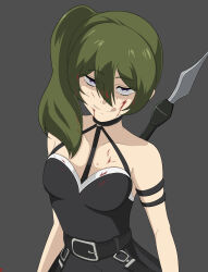 Rule 34 | 1girl, armband, arms at sides, bare shoulders, belt, black belt, blood, blood in hair, blood on clothes, blood on face, breasts, choker, collarbone, commentary request, dress, green eyes, grey background, hair between eyes, highres, licking lips, long hair, longs hair, looking at viewer, medium breasts, nanziwakamika23, polearm, purple eyes, sanpaku, side ponytail, sleeveless, sleeveless dress, solo, sousou no frieren, tongue, tongue out, ubel (sousou no frieren), upturned eyes, weapon