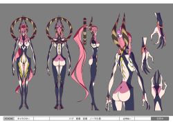 1girl ass backboob breasts butt_crack reference_sheet demon_girl extra_eyes female_focus flower hair_flower hair_ornament hana_(me!me!me!) high_heels horns iseki_shuuichi japan_animator_expo large_breasts long_hair maebari me!me!me! multiple_views official_art pink_hair narrow_waist stiletto_heels very_long_hair