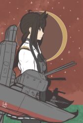 Rule 34 | 1girl, black bodysuit, black hair, black headband, black skirt, bodysuit, chou-10cm-hou-chan (hatsuzuki&#039;s), conflict (honda breaks), corset, cowboy shot, crescent moon, hair flaps, hatsuzuki (kancolle), hatsuzuki kai ni (kancolle), headband, highres, kantai collection, machinery, moon, profile, red sky, short hair, skirt, sky, solo, star (sky), upper body