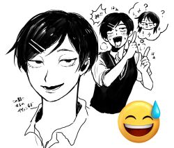 2girls :d ? ahegao blush chibi collared_shirt commentary_request confused cropped_torso drooling futsuu_no_keion-bu greyscale hair_ornament hairpin hatono_chihiro head_only high_contrast highres image_in_thought_bubble index_finger_raised ink_1353 kouyama_rin monochrome multiple_girls multiple_views open_mouth parted_bangs pixie_cut portrait sanpaku shirt short_hair short_sleeves smile speech_bubble steam sweater_vest thought_bubble translation_request
