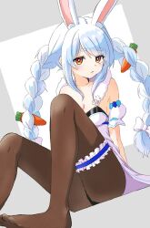 Rule 34 | 1girl, animal ear fluff, animal ears, bare shoulders, black leotard, blue hair, bow, braid, breasts, brown pantyhose, carrot hair ornament, cleavage, closed mouth, collarbone, commentary, detached sleeves, don-chan (usada pekora), dress, feet, food-themed hair ornament, grey background, hair bow, hair ornament, highres, hololive, kiritoma, knees up, leotard, multicolored hair, no shoes, orange eyes, pantyhose, puffy short sleeves, puffy sleeves, rabbit-shaped pupils, rabbit ears, short sleeves, small breasts, solo, strapless, strapless dress, strapless leotard, symbol-shaped pupils, toes, twin braids, twintails, two-tone background, two-tone hair, usada pekora, usada pekora (1st costume), virtual youtuber, white background, white bow, white dress, white hair, white sleeves