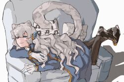 Rule 34 | 1boy, animal ears, argalia (project moon), ascot, black pants, black shoes, blue cape, blue eyes, blue jacket, cape, cat boy, cat ears, cat tail, chair, closed mouth, divewet3, full body, gloves, gold trim, highres, jacket, library of ruina, long hair, long sleeves, looking at viewer, lying, male focus, on chair, on stomach, pants, project moon, shoes, simple background, smile, solo, tail, white ascot, white background, white gloves, white hair