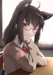 1girl absurdres ahoge alternate_costume animal_ears backlighting black_hair borumete bow bowtie cardigan classroom collared_shirt commentary crossed_arms desk eyelashes fang female_focus fox_ears highres hololive indoors kurokami_fubuki long_hair looking_at_viewer open_mouth red-framed_eyewear red_bow red_bowtie red_eyes school_desk semi-rimless_eyewear shirt sitting solo sunlight virtual_youtuber white_shirt window wing_collar
