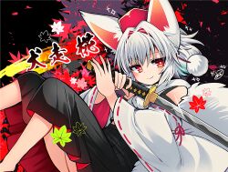 1girl animal_ear_fluff animal_ears black_background black_skirt blush closed_mouth commentary detached_sleeves feet_out_of_frame glint hair_intakes hat highres holding holding_sword holding_weapon inubashiri_momiji katana leaf looking_at_viewer maple_leaf pokopoko_ponzu pom_pom_(clothes) red_eyes ribbon-trimmed_sleeves ribbon_trim shirt short_hair skirt sleeveless sleeveless_shirt smile solo sword symbol-only_commentary tail tokin_hat touhou weapon white_hair white_shirt white_sleeves wolf_ears wolf_girl wolf_tail