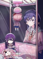 1girl :o blue_skirt bob_cut bow breasts character_doll collared_shirt crane_game doki_doki_literature_club doki_doki_literature_club_school_uniform doll english_text hair_bow highres hood hood_down hoodie long_hair neck_ribbon paper pink_hoodie pink_vest protagonist_(doki_doki_literature_club) purple_eyes purple_hair ribbon sayori_(doki_doki_literature_club) school_uniform shirt short_hair single_sidelock skirt solo stuffing sweatdrop vest white_shirt yananeruu yuri_(doki_doki_literature_club)