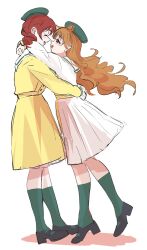 Rule 34 | 2girls, beret, commentary, dress, emma verde, face-to-face, from side, full body, green hat, green socks, hat, highres, hug, kneehighs, konoe kanata, long hair, long sleeves, love live!, love live! nijigasaki high school idol club, mary janes, mirai harmony, monowe, multiple girls, orange hair, red hair, shoes, simple background, smile, socks, symbol-only commentary, two-tone dress, white background, white dress, yellow dress, yuri